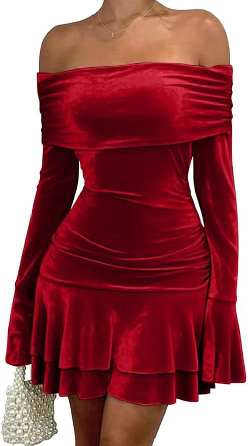LAGSHIAN Women's Sexy Velvet Off Shoulder Long Sleeve Ruffle Hem Bodycon Ruched Cocktail Party Mi... | Amazon (US)