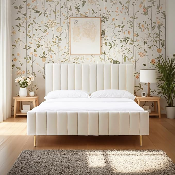 Livinia Queen Size Elton Velvet Platform Bed, Upholstered Bed Frame with Vertical Channel Tufted ... | Amazon (US)