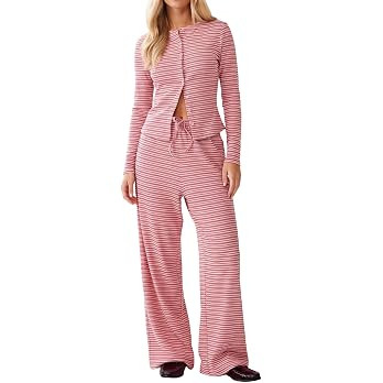 Womens 2 Piece Striped Lounge Set Long Sleeve Button Down Wide Leg Pants | Slim Fit Drawstring Po... | Amazon (US)
