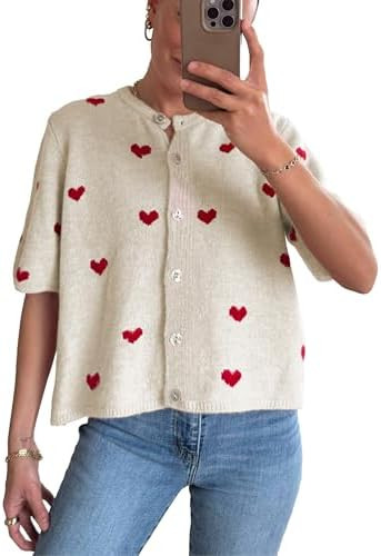 Springrain Womens Lightweight Short Sleeve Cardigan Button down Cropped Cute Heart Sweaters Knitw... | Amazon (US)