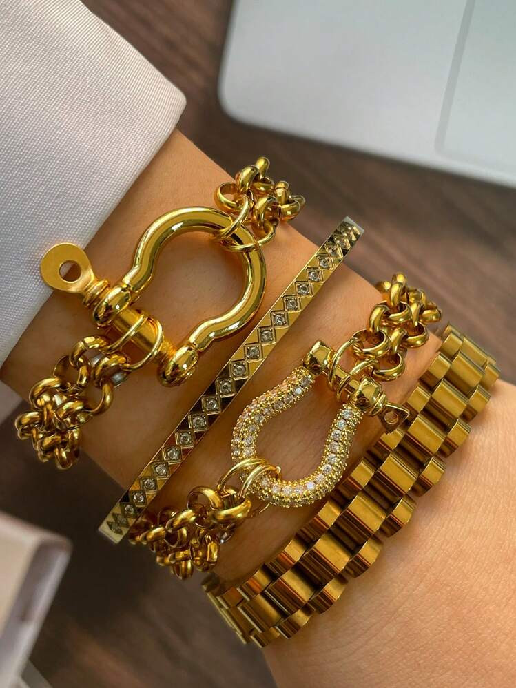 STYLEVER 1pc Gold Paperclip Chain Bracelet Carabiner | Chunky Chain Bracelet,Gold Link Chain Bracelet,Gold Horseshoe Charm Bracelet Stainless Steel Chain | SHEIN