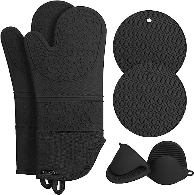 Rorecay Extra Long Oven Mitts and Pot Holders Sets: Heat Resistant Silicone Oven Mittens with Min... | Amazon (US)