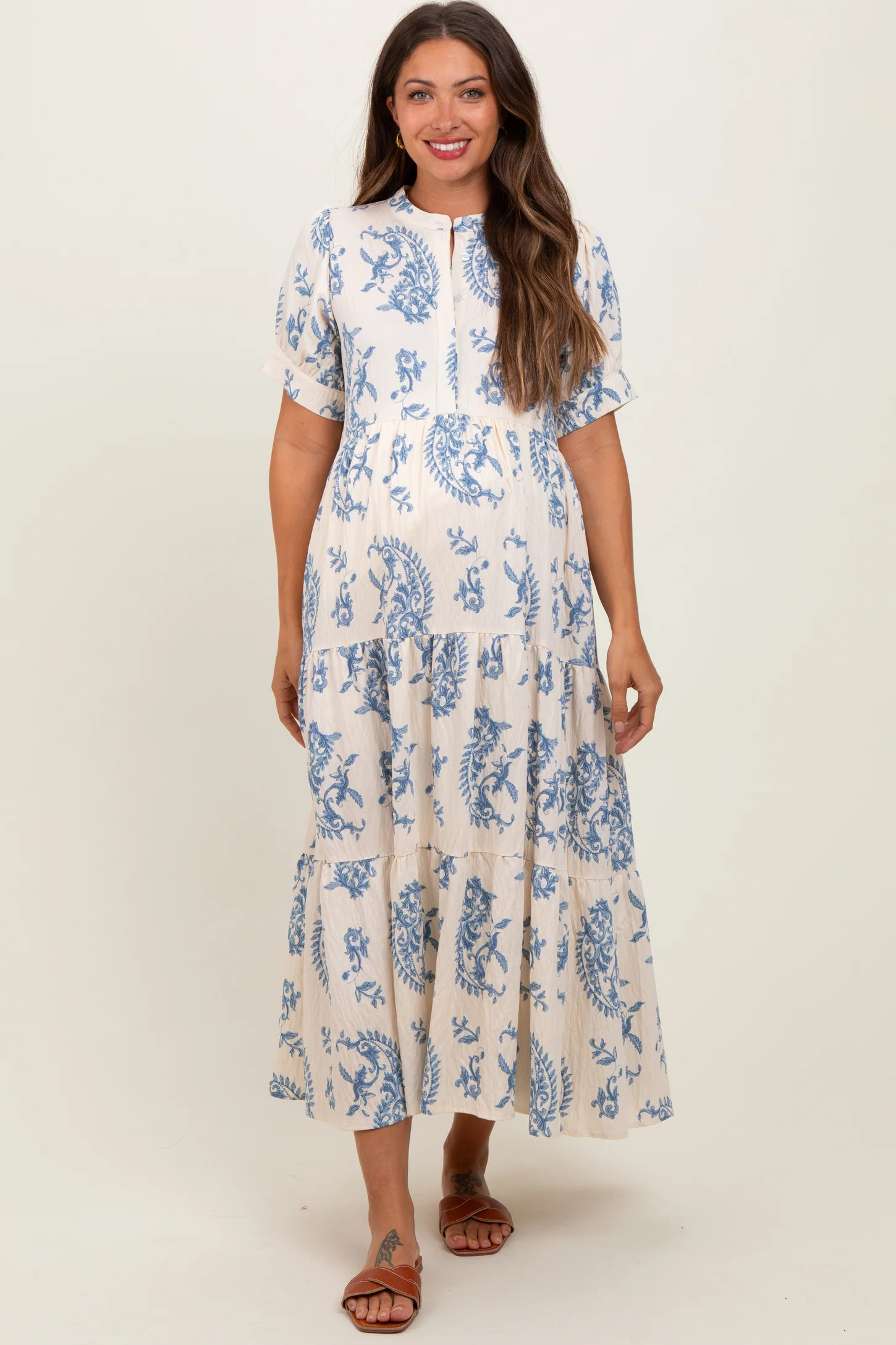 Blue Paisley Button Up Tiered Maternity Maxi Dress | PinkBlush Maternity