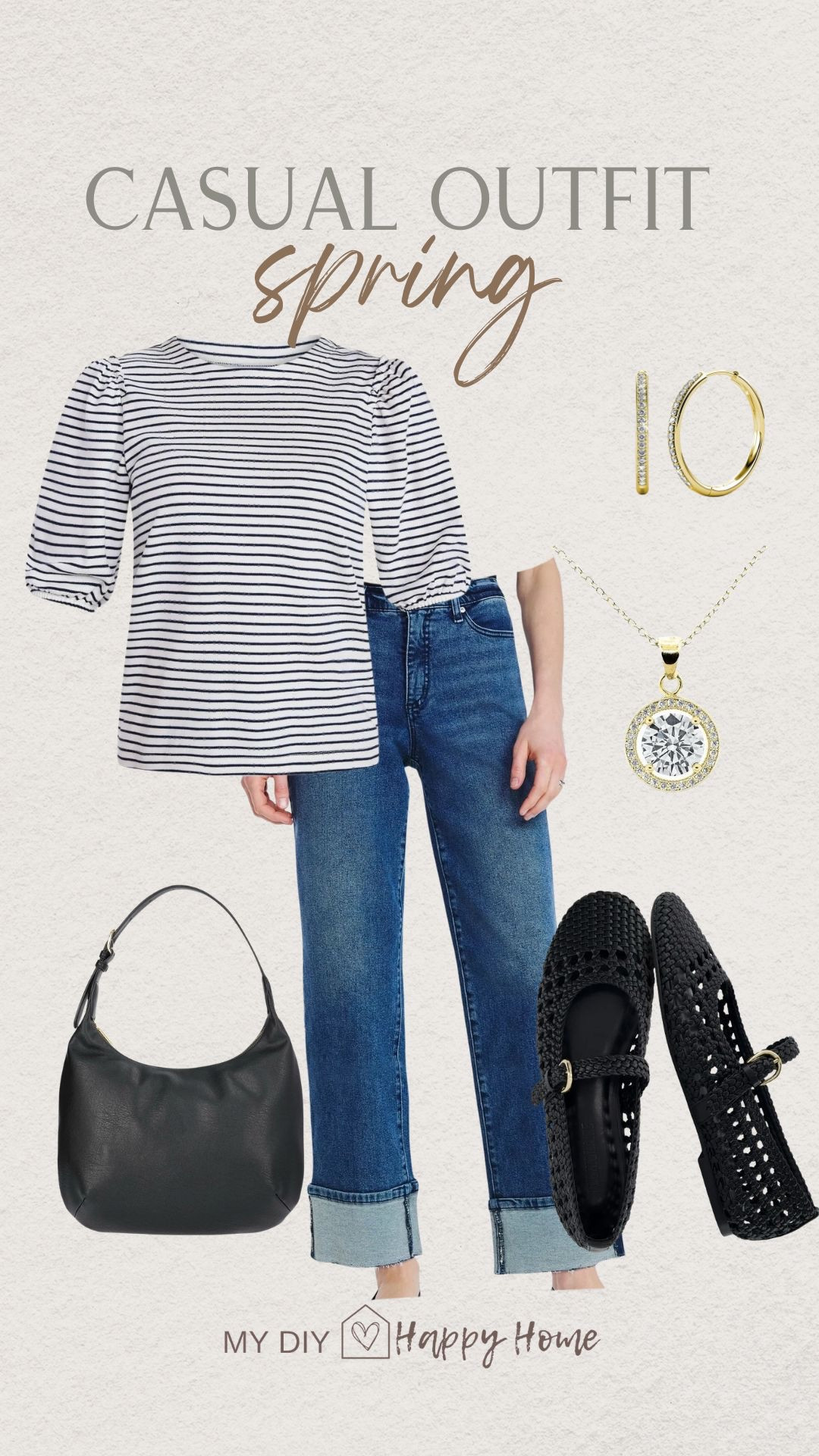 Spring outfit inspiration 

Striped puff sleeve top
Cropped cuff jeans - three lengths 
Mary Jane woven flats 
Handbag 
Necklace 
Gold hoop earrings 

#LTKPetite #LTKMidsize #LTKootd