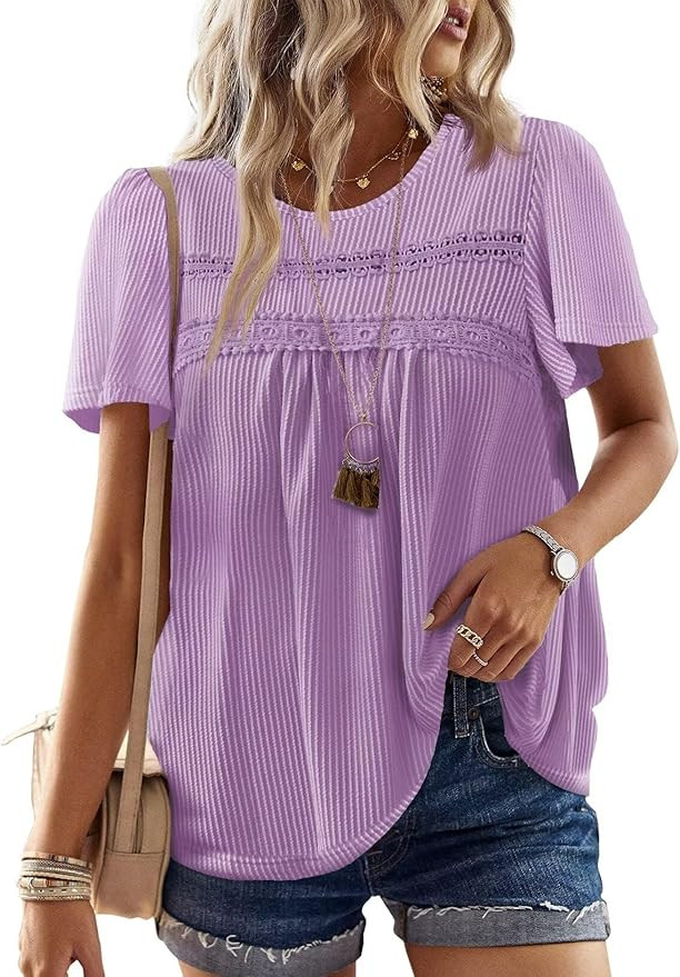 Falechay Womens Summer Blouses Crew Neck Puffed Hem Basic Tee Shirts Flowy Chiffon Blouses Boho C... | Amazon (US)