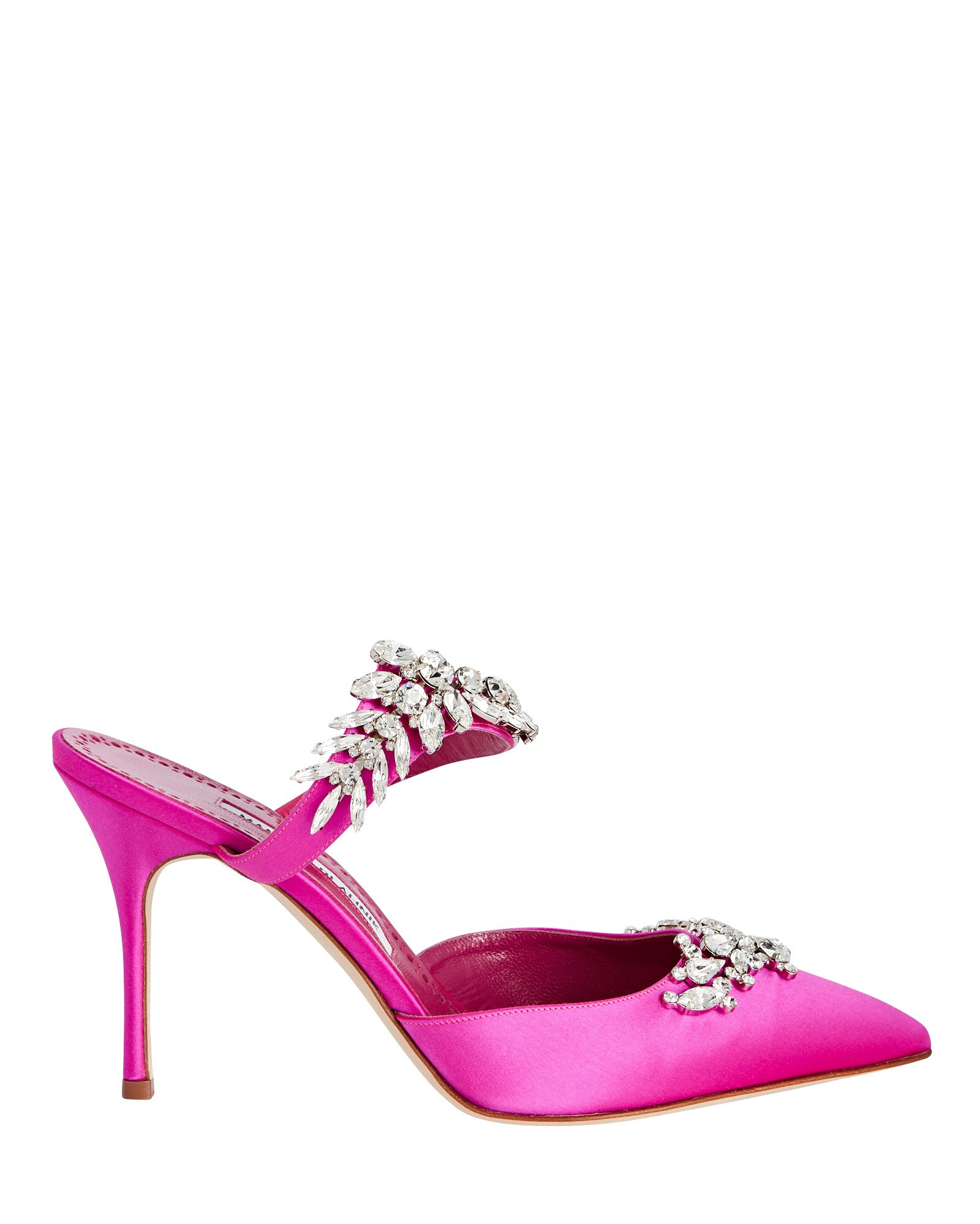 Manolo Blahnik Lurum Crystal-Embellished Satin Mules, Pink 36 | INTERMIX
