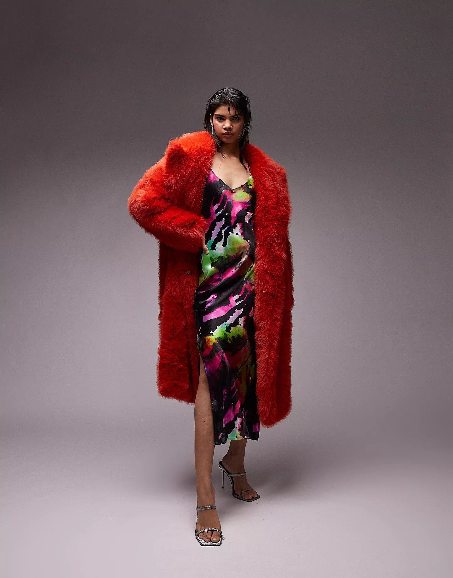 Topshop oversized longline paneled faux fur coat in red | ASOS (Global)