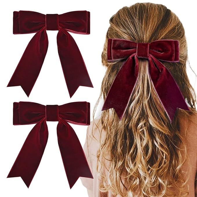 2PCS 5" Velvet Red Wine Hair Bows Girls Hair Clips Ponytail Holder Accessories for Women Girls To... | Amazon (US)