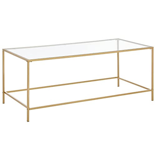 mDesign Glass Top Coffee Table - Large Minimalistic Rectangular Geometric Metal Accent Furniture Unit for Living Room, Basement, Home Office, Garage, and Bedroom - Soft Brass | Amazon (US)