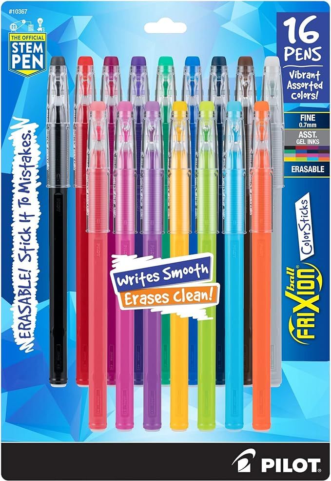Pilot, FriXion ColorSticks Erasable Gel Ink Pens, Fine Point 0.7 mm, Pack of 16, Assorted Colors | Amazon (US)