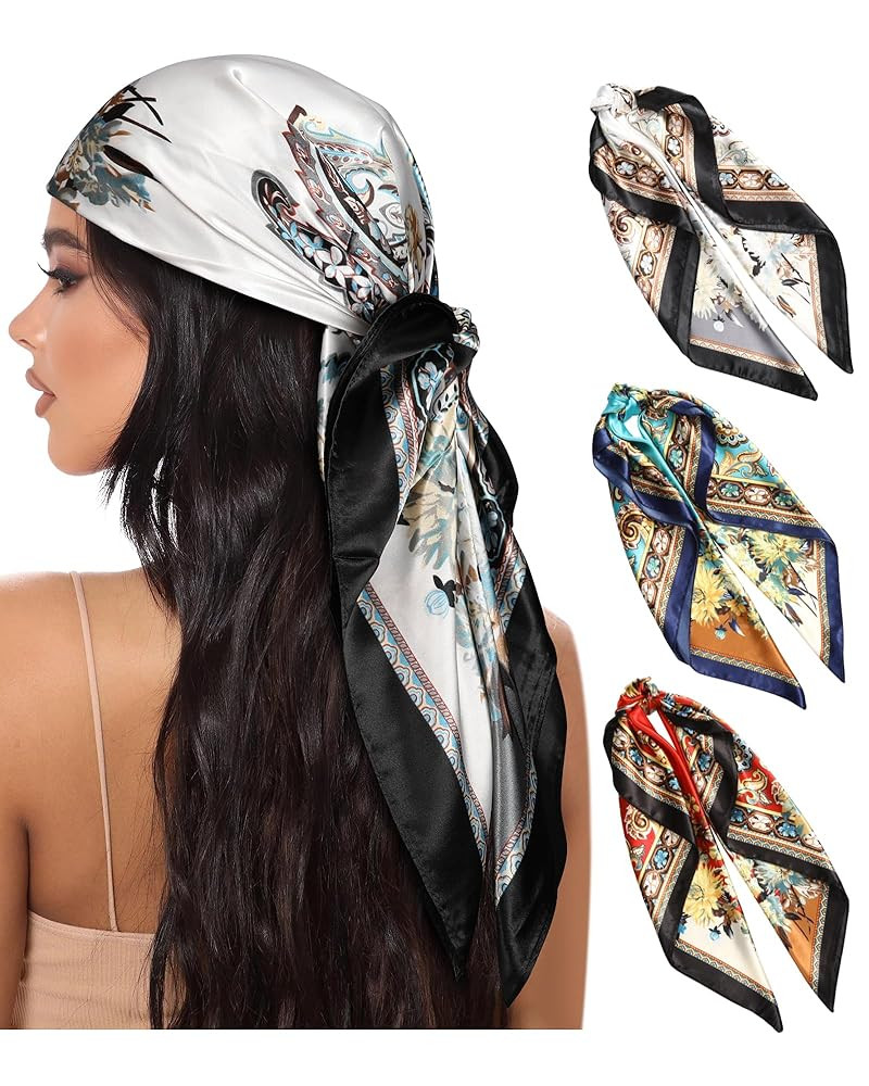 AWAYTR 35” Large Square Satin Head Scarf - 3Pcs Satin Hair Scarves Silk Bandana Scarf Headscarf... | Amazon (US)