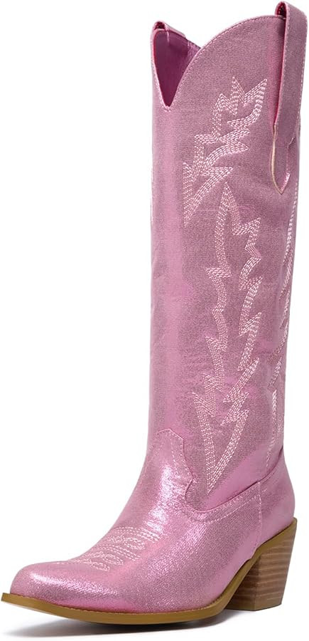 Cowboy Boots for Women Cowgirl Mid Calf Boots Floral Embroidery Pointed Toe Chunky Heel 2.5" Pull... | Amazon (US)