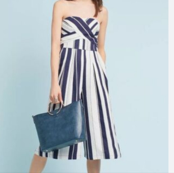 Anthropology Greylin Strapless Striped wide leg jumpsuit Cotton Linen SM flowy | Poshmark