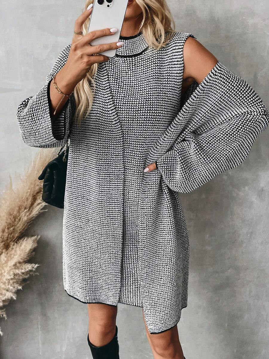 EMERY ROSE 2pcs Women's Plaid Long Sleeve Long Cardigan And Stand Collar Sleeveless Loose Sweater... | SHEIN