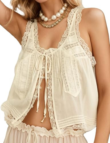 Womens Summer Boho Lace Tie Front Relaxed Fit Tank Flowy Vest Tops Button Down Sleeveless Fashion... | Amazon (US)