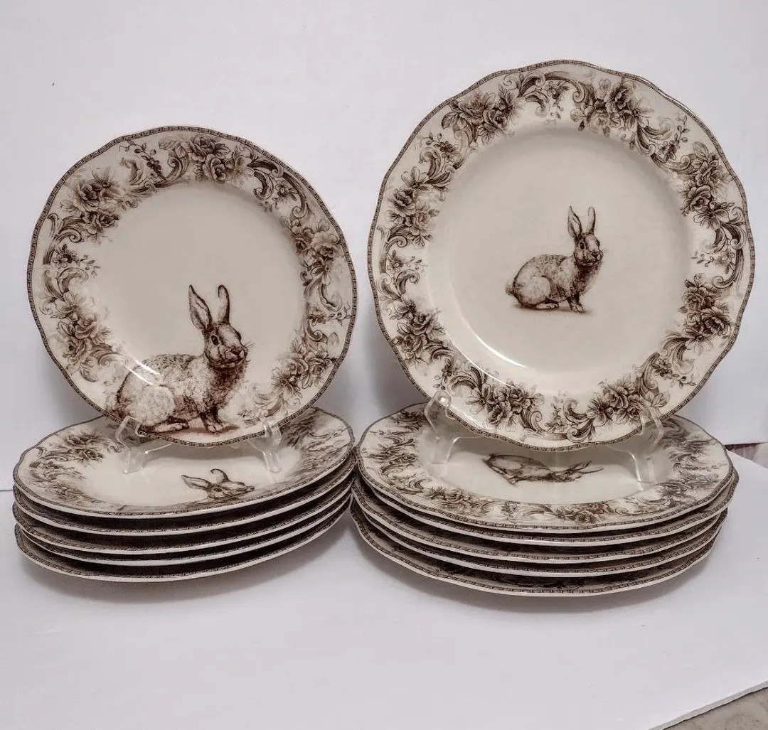 Napkin+ONE Plate Rabbit Bunny Easter Sepia Brown Transfer Dinner Plate 10 7/8 " Or Salad Plate 8 ... | Etsy (US)