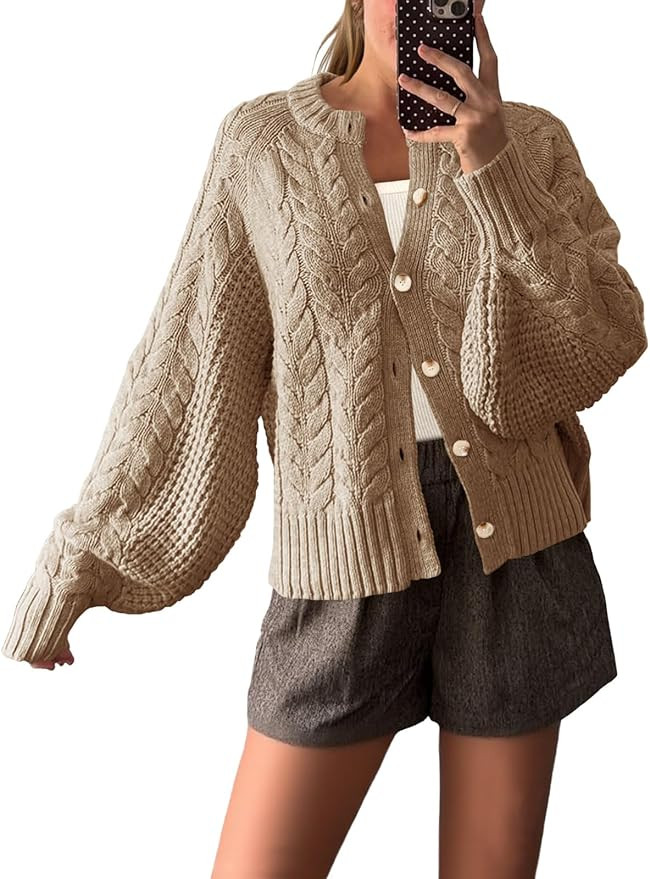 Saodimallsu Womens Cable Knit Cardigan Sweaters Button Up Crew Neck Long Sleeve Loose Fall Trendy... | Amazon (US)