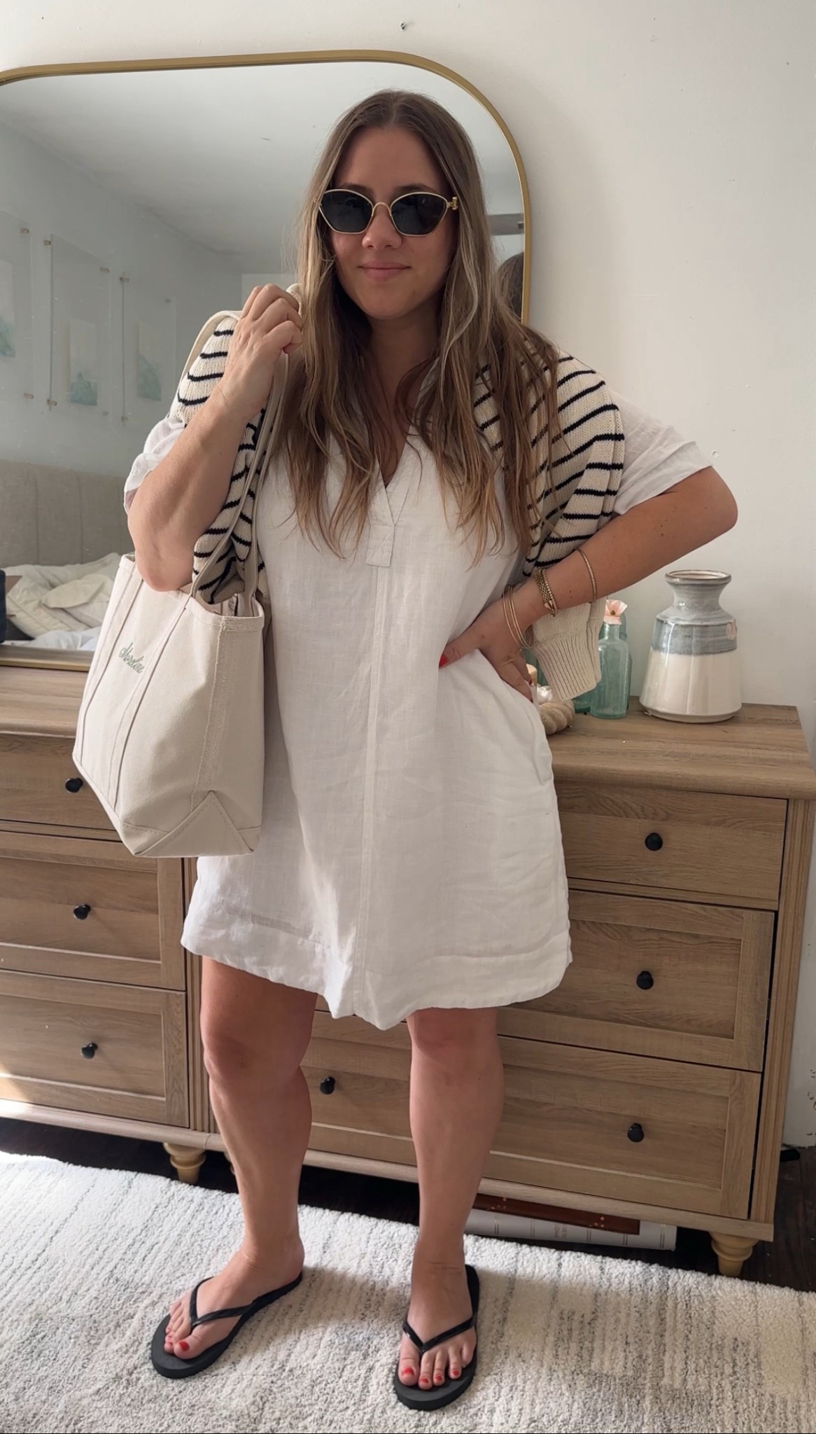 Dress- i sized up on my old one. I would do the same in the quince version! 

Sandals are $5 cheapies but perfect for a simple black throw on flip flop! Comfy too

Sweater - i size up one

Linen dress
White linen
Sezane
Quince
Flip flops
Summer outfits
LL bean tote
LL bean bag
Boat and tote

#LTKStyleTip #LTKSeasonal #LTKSummerEdit