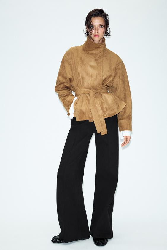 Zara - Faux Suede Belted Jacket - Dark Camel - S - Woman | Zara AU