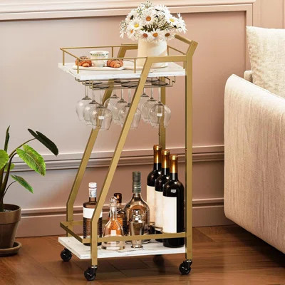 White And Gold Bar Cart With 2 Storage Shelves, Rolling Beverage Cart With Wine Rack & Glass Holder For Home Dining Party Kitchen | Wayfair North America