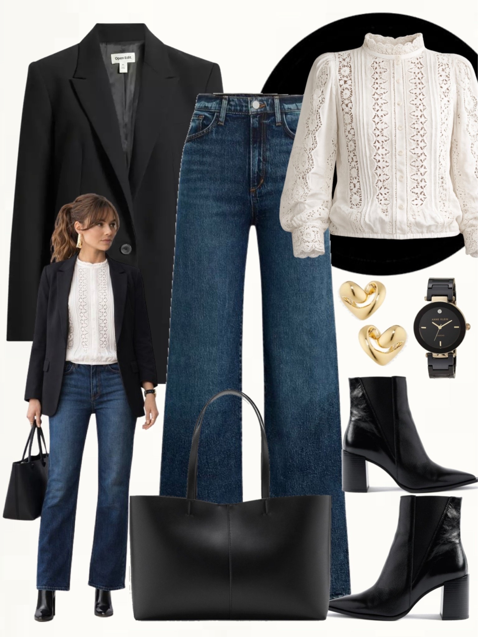 Medium wash straight-leg jeans with a white lace blouse and a classic black blazer. Completed with black heeled ankle boots, a black tote bag, and gold statement earrings.
#minimalstyle #chicoutfits #wardrobebasics

#LTKSeasonal #LTKootd #LTKOver40