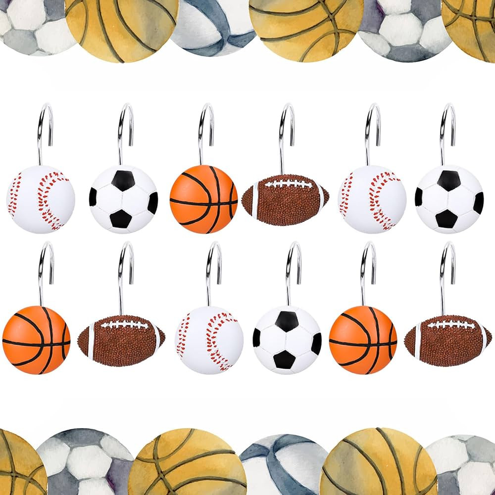 12Pcs Sports Ball Shower Curtain Hooks Football Basketball Baseball Soccer Curtain Rings Decorati... | Amazon (US)