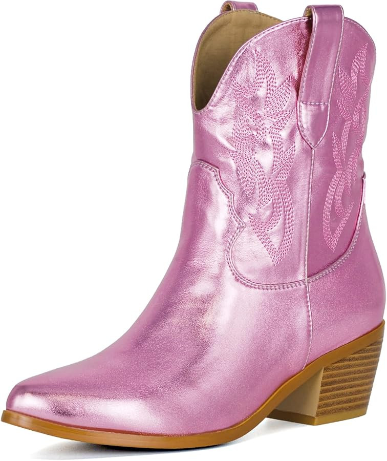 Short Cowgirl Boots for Women Embroidered Cowboy Ankle Boots,Pointed Toe Low Chunky Heel Pull On ... | Amazon (US)