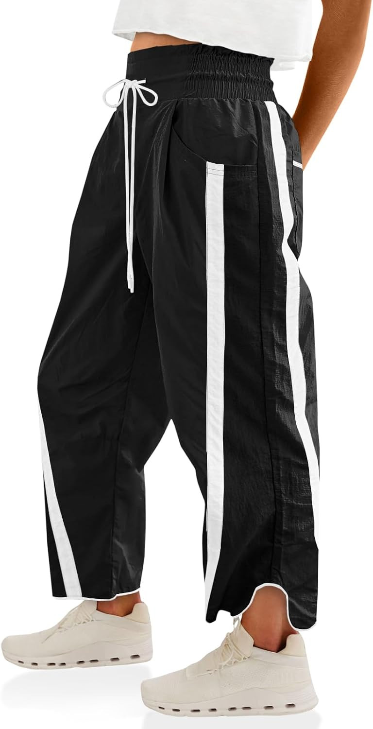 Fisoew Women's Baggy Wide Leg Pants Casual Drawstring Elastic Waisted Contrast Color Workout Y2K Track Pants | Amazon (US)
