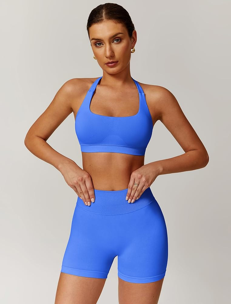 ABOCIW Workout Sets for Women 2 Piece seamless Halter Sports Bra Scrunch Butt Impact Shorts Gym Y... | Amazon (US)