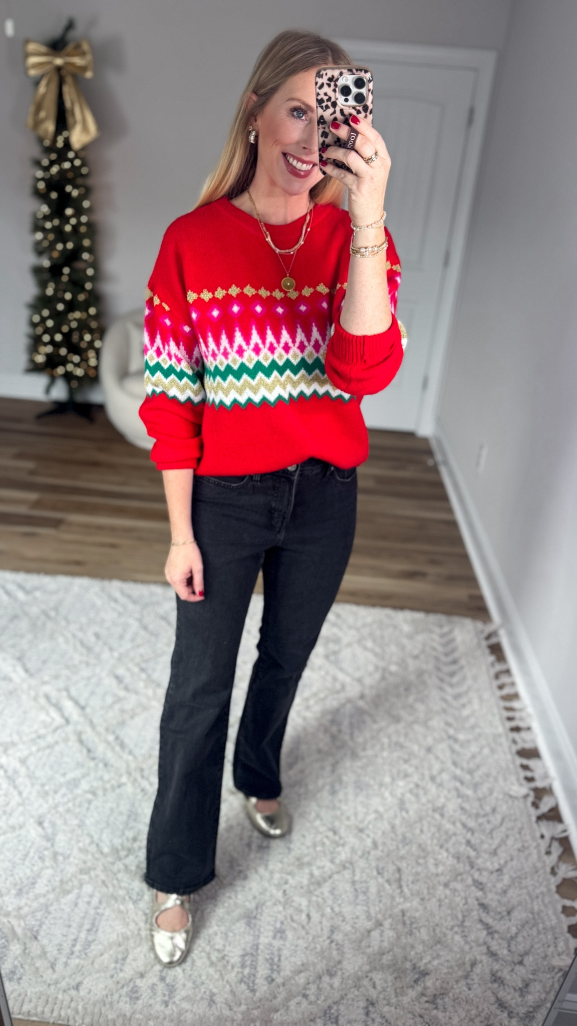 Daily try on, Walmart outfit, Walmart fashion, Walmart try on, red fair isle sweater, black jeans 

#LTKFindsUnder50 #LTKootd #LTKHoliday
