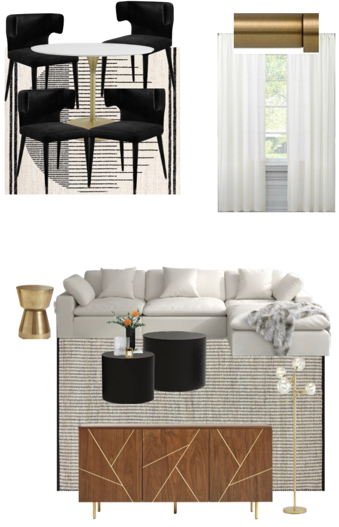 Mid century modern living room and dining room, white sectional sale, brass accent table, black coffee tables, neutral rug, jute rug, media console, floor lamps, white modern curtains, black velvet dining chairs, midcentury modern rugs, white and brass round dining table, black dining chairs, Wayfair sale, living room furniture, dining room furniture , affordable sectionals , midcentury furniture, west elm tables, amazon tables 

#LTKfamily #LTKhome #LTKsalealert