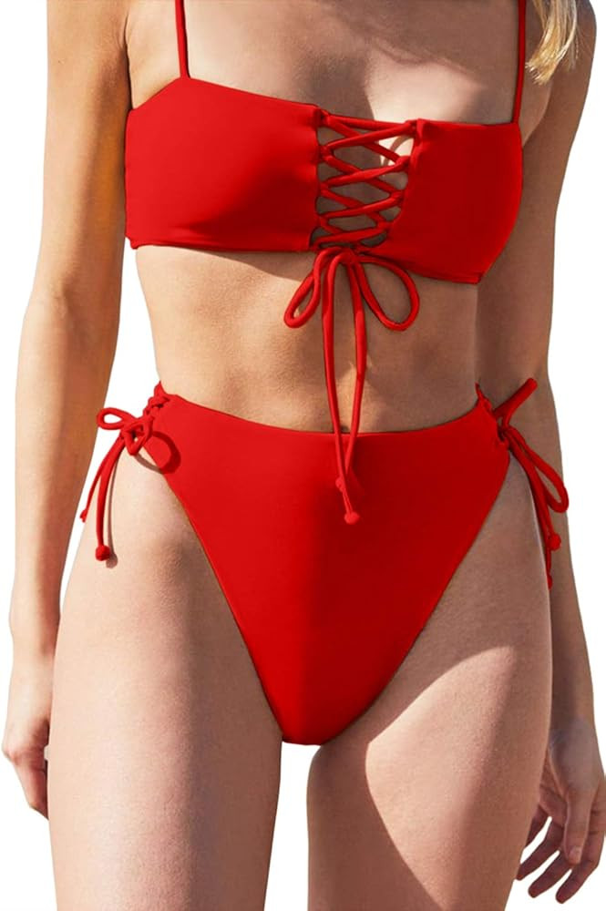 QINSEN Women's Spaghetti Strap Bandeau Lace Up High Waist 2PCS Bikini Set Simsuit | Amazon (US)