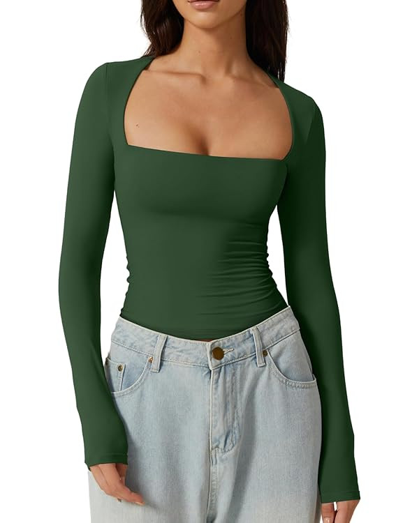 QINSEN Women's Sexy Square Neck Shirt Long Sleeve Double Lined Tees Fitted Going Out Tops | Amazon (US)
