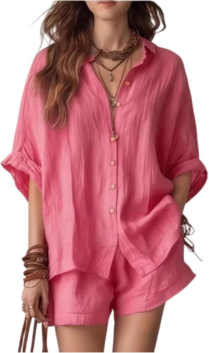Short Sets for Women 2 Piece Vacation 3/4 Sleeves Gauze Button Down Shirts Matching Drawstring Sh... | Amazon (US)