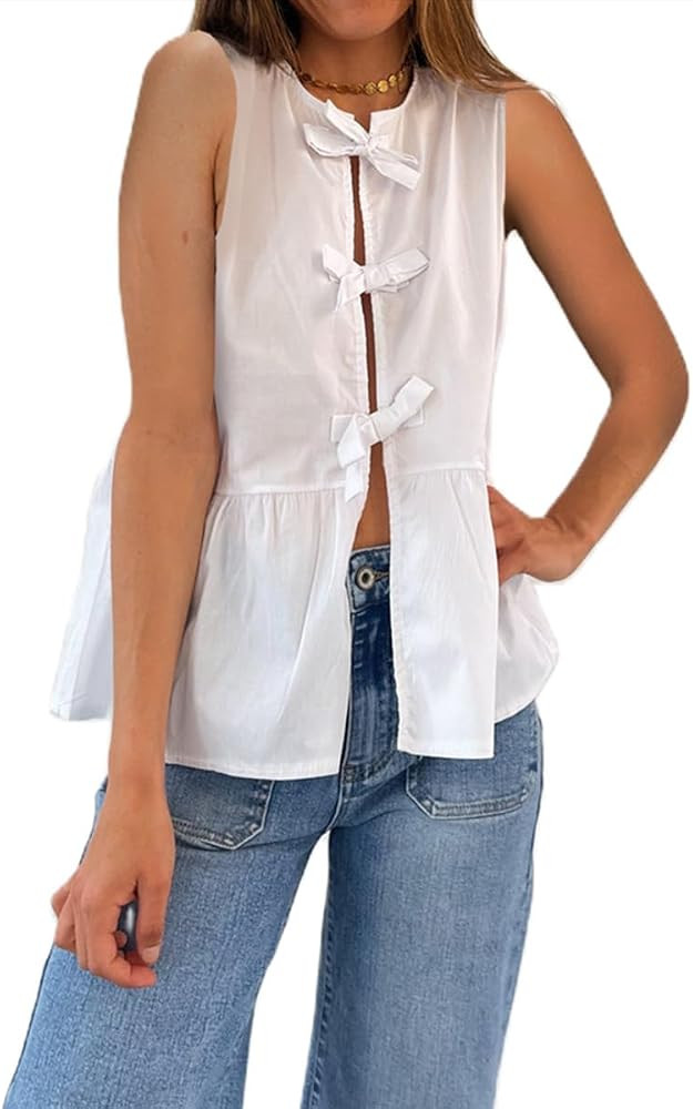 Women Y2k Tie Front Tank Tops Sleeveless Striped Peplum Babydoll Vest Crop Tops Cute Summer Going... | Amazon (US)