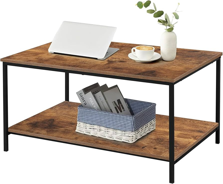SENIG Small Brown Rectangle Wood and Metal Coffee Table with Storage Shelf for Small Living Rooms | Amazon (US)