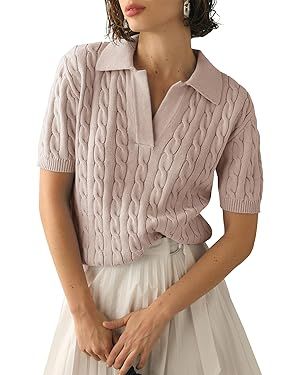 Imily Bela Women's Cable Short Sleeve Sweaters Tops Solid Lapel V Neck Knit Casual Soft Pullover ... | Amazon (US)