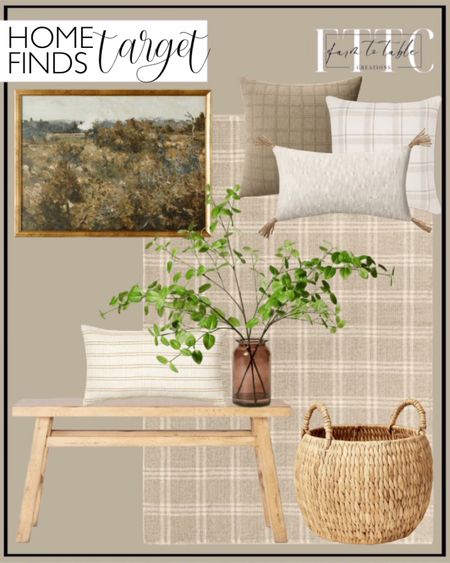 Target Home Finds. Follow @farmtotablecreations on Instagram for more inspiration.

Cottonwood Hand Woven Plaid Wool/Cotton Area Rug - Threshold designed with Studio McGee. Thatcher Wood Bench. 24" x 18" Landscape Study Framed Wall Canvas Antique Gold. Artificial Leaf Branch Arrangement. Round Vertical Weave Basket with Handles. Woven Striped with Plaid Reverse Throw Pillow. Woven Washed Windowpane Throw Pillow. Oversize Woven Jacquard Lumbar Throw Pillow with Tassels. Woven Striped Throw Pillow Neutral/Dark Tan. Target Circle Week. Target Deals. Target Home Finds. 

#LTKHome #LTKFindsUnder50 #LTKSaleAlert
