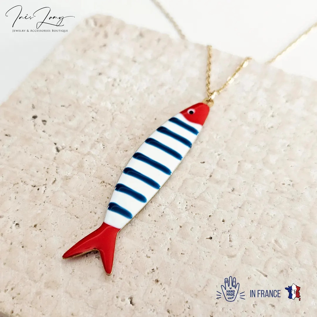 Portuguese Sardine Necklace Fish Blue Red White Enamel Pendant Gold Silver Sea Animal Long Fish S... | Etsy (US)