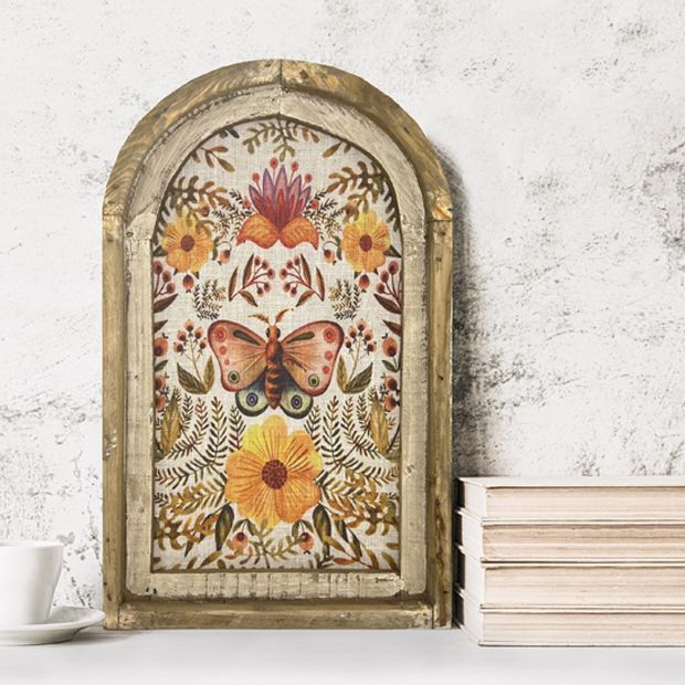 Arched Frame Floral Butterfly Linen Wall Print | Antique Farm House