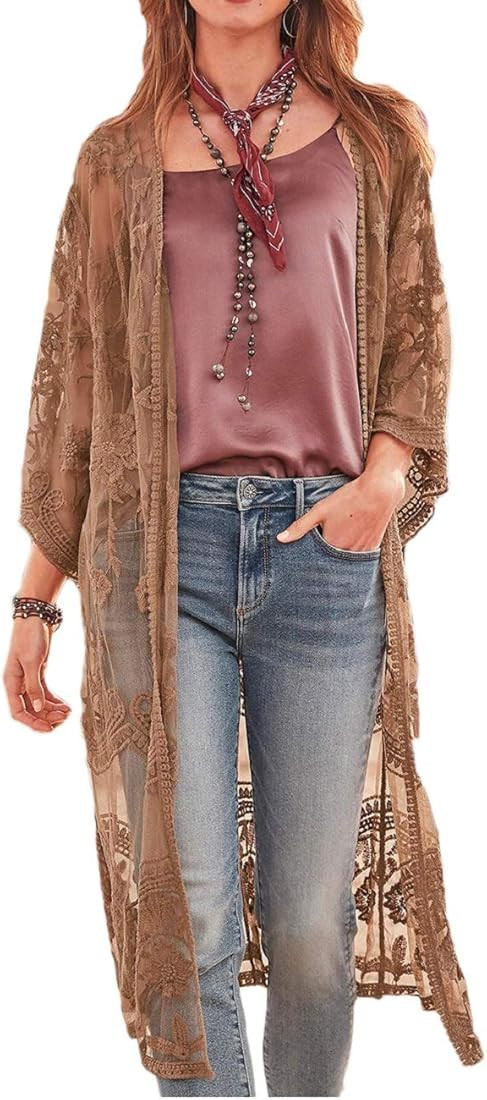 Women Mesh Lace Beach Kimono Cardigan | Amazon (US)
