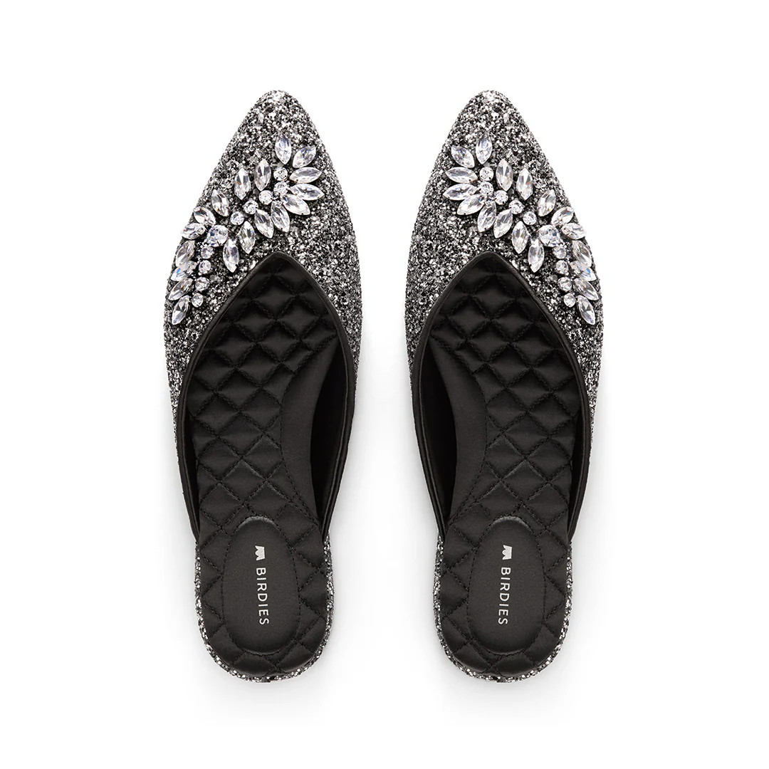 Birdies The Swan - Jeweled Gunmetal Sparkle Slides, Size 12 | BIRDIES