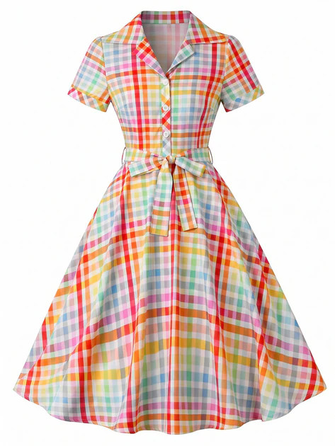 Multicolor 1940s Plaid Lapel Short Sleeve Dress | Retro Stage