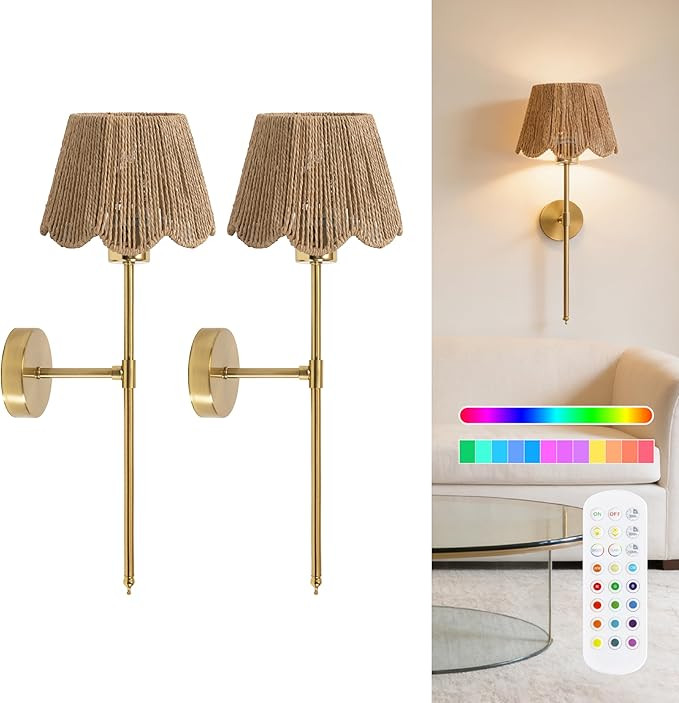 2PC Battery Operated Boho Scalloped Paper Rope-Woven Rattan Wicker Wall Sconce, Stepless Dimming ... | Amazon (US)