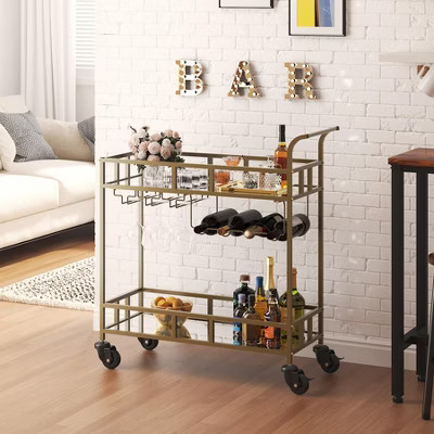 2-Tier Portable Bar Cart with Mirrored Shelves, Rolling Service Trolley with Wine Rack, Glass Holder, Beverage Serving for Home, Dining & Living Room | Target