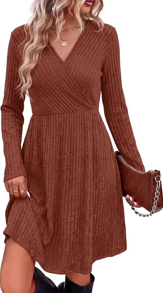 WIH0LL Womens Fall Dresses 2026 Long Sleeve Wrap Sweater Dress with Pockets | Amazon (US)