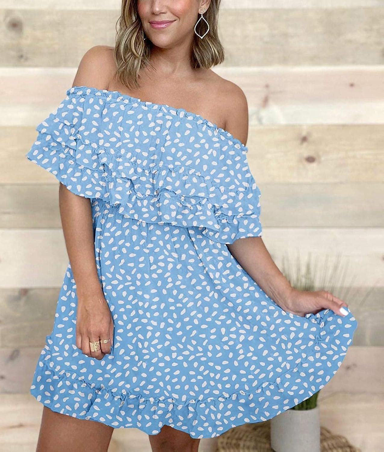 KIRUNDO 2021 Summer Women’s Off Shoulder Mini Dress Polka Dot High Waist Half Sleeves Swing Ruffle S | Amazon (US)