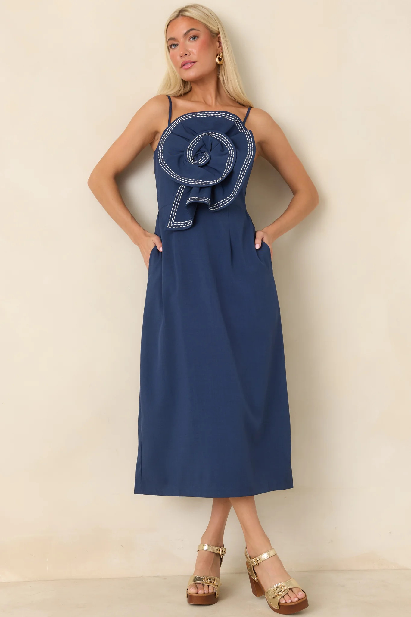 Quite the Impression Navy Rosette Midi Dress | Red Dress