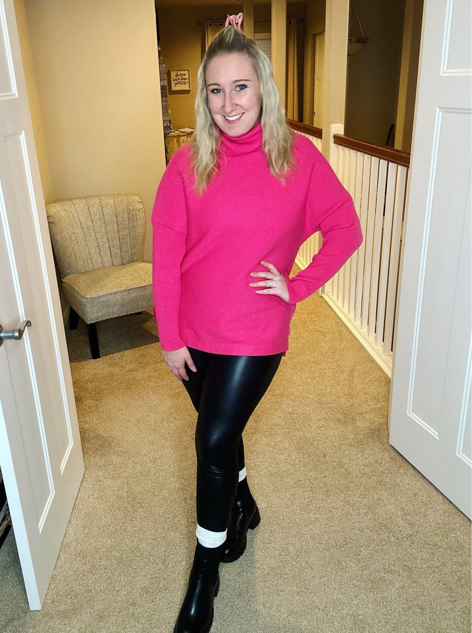 The perfect February outfit! 😍 I love everything! This sweater is even on sale right now! 🚨 It is super comfortable and the perfect length! 🩷 

#LTKsalealert #LTKSeasonal #LTKstyletip