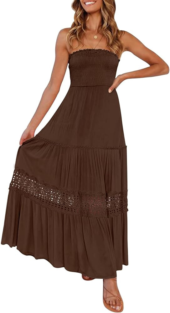 ZESICA Women's 2026 Summer Boho Maxi Dresses Strapless Off Shoulder Lace Flowy A Line Beach Vacat... | Amazon (US)